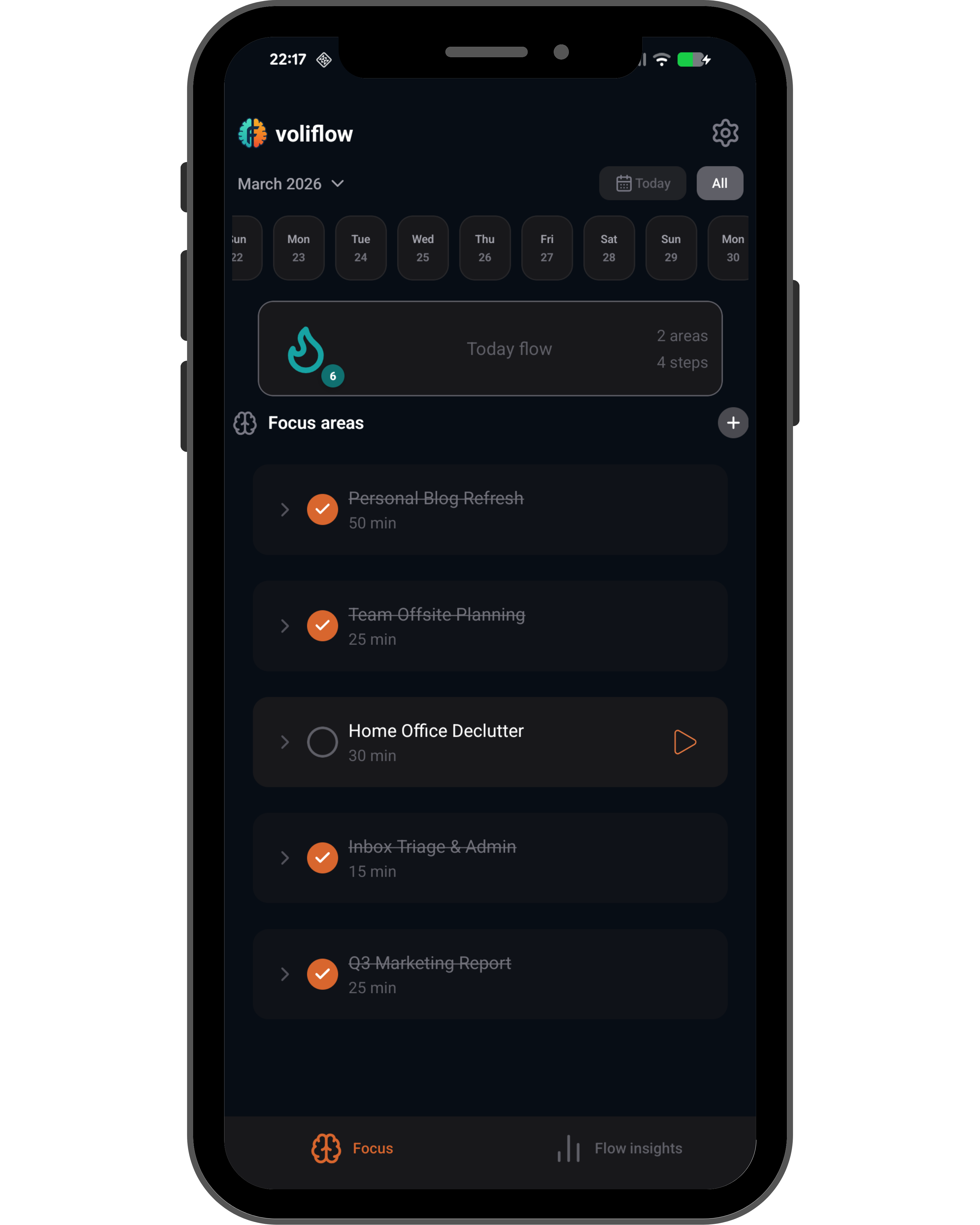 voliflow home screen showing the Today flow card and a Focus areas list with 'Home Office Declutter' in progress