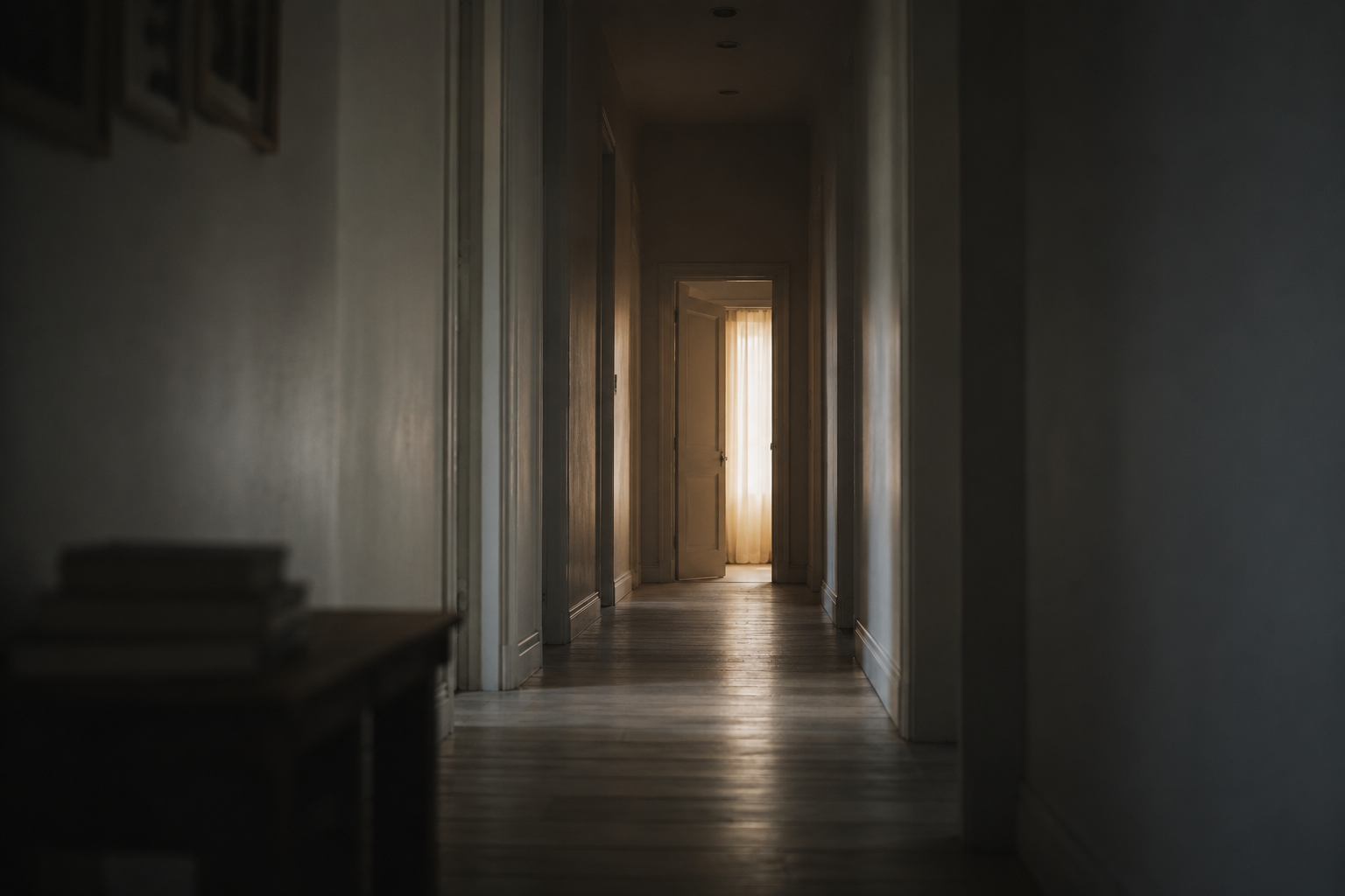 A long corridor representing the mental return journey to work