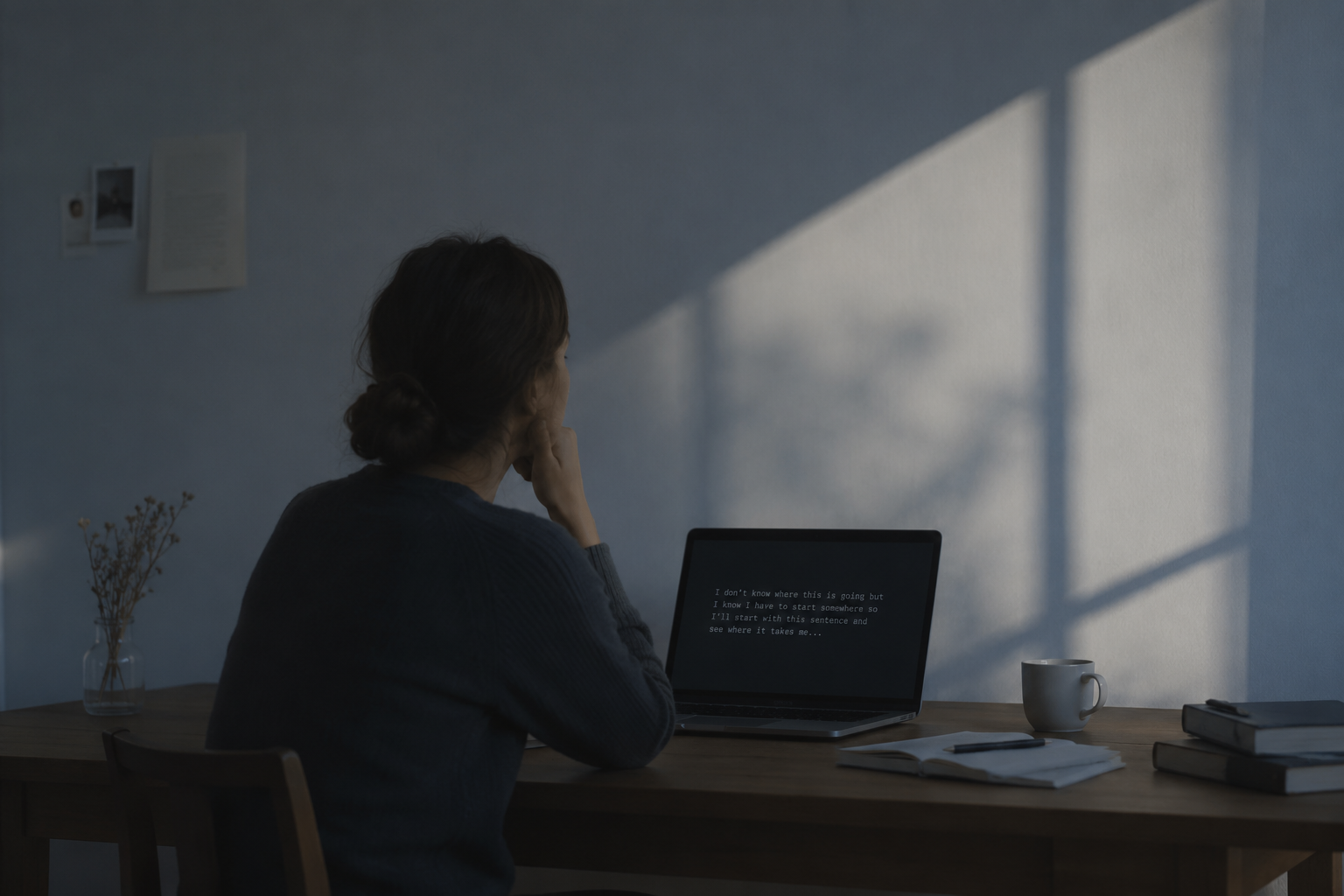 A person staring at an open document, not quite present
